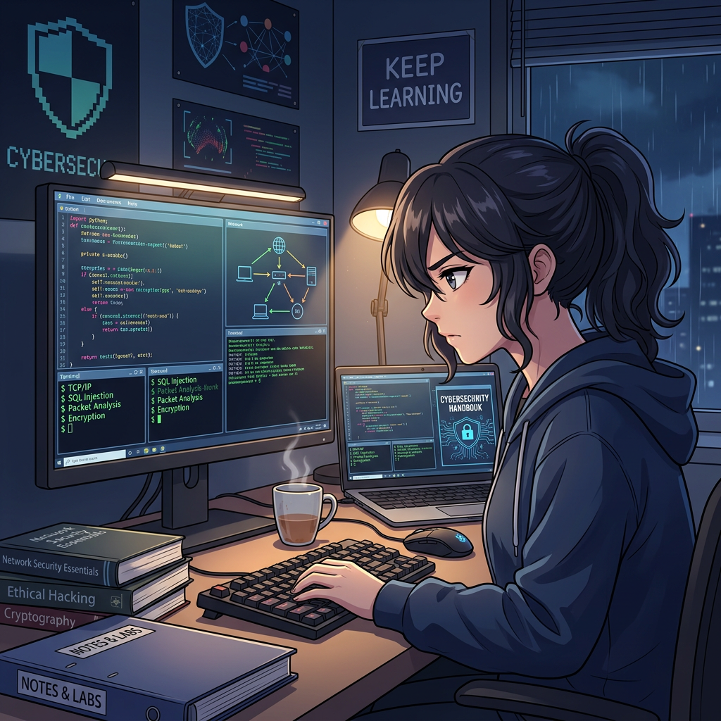Young woman working on cybersecurity coding and analysis on computer screens